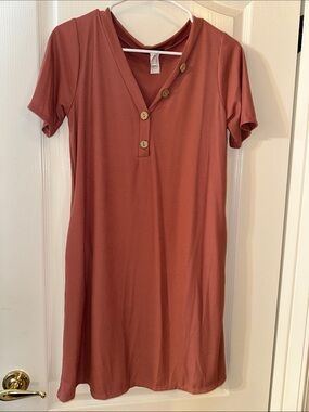 HEIMISH USA Rust Rose Ribbed Short Sleeve Button Mini Dress